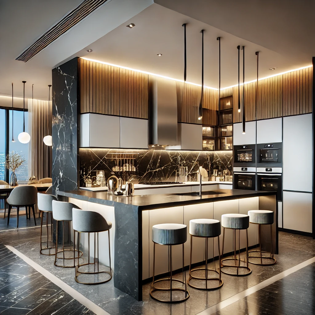 A luxury modular kitchen in a high-end apartment with sleek quartz countertops, built-in appliances, and a stylish island with bar stools. The cabinet 2