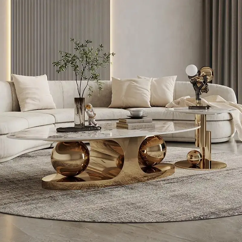 Italian Stainless Steel Golden Base + Faux Marble Top Coffee Table - Image 1