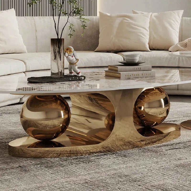 Italian Stainless Steel Golden Base + Faux Marble Top Coffee Table - Image 2
