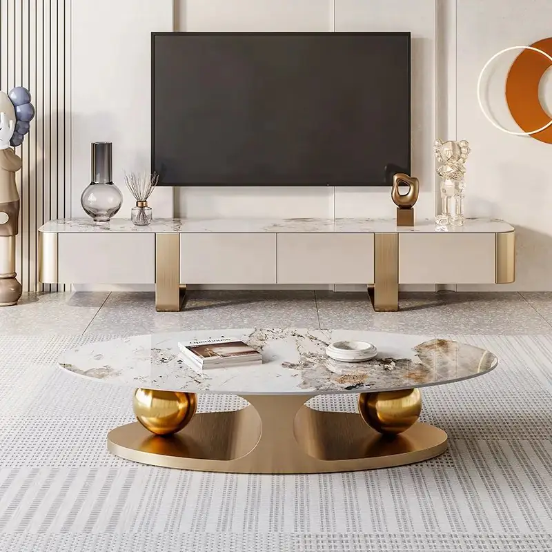 Italian Stainless Steel Golden Base + Faux Marble Top Coffee Table - Image 4