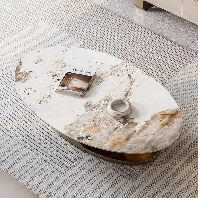 Italian Stainless Steel Golden Base + Faux Marble Top Coffee Table - Image 6