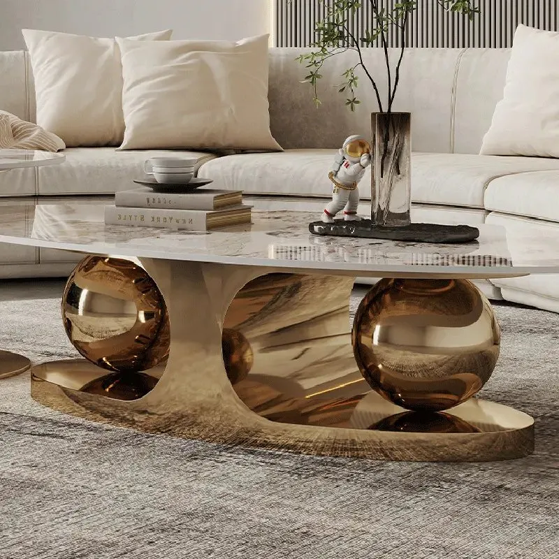 Italian Stainless Steel Golden Base + Faux Marble Top Coffee Table - Image 3