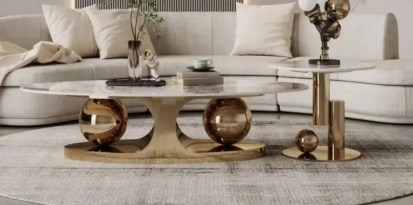 Italian Stainless Steel Golden Base + Faux Marble Top Coffee Table - Image 9