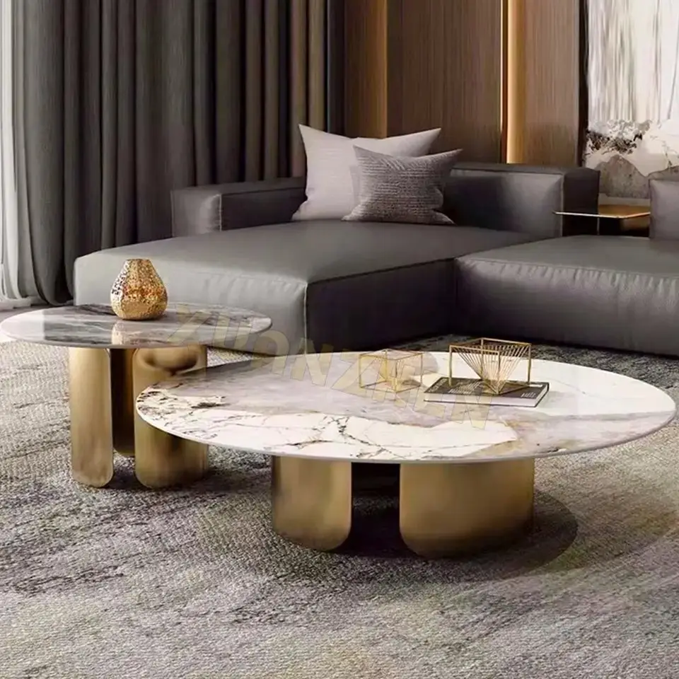 Coffee Table Stainless Steel Golden Leg + Faux Marble Top-Gold - Image 2
