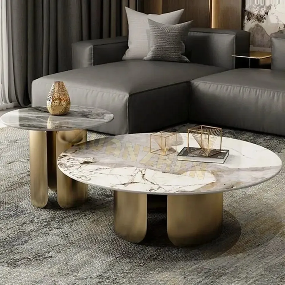Coffee Table Stainless Steel Golden Leg + Faux Marble Top-Gold - Image 3