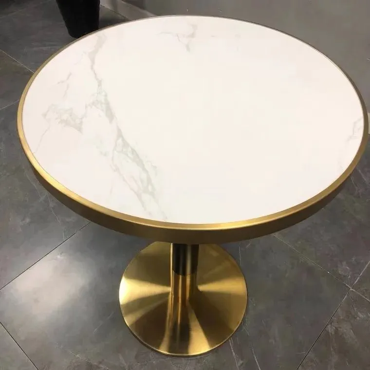 New Product Luxury Marble Restaurant Table Cafe Gold Stainless Steel Metal Base Round Bistro Marble Top White - Image 1