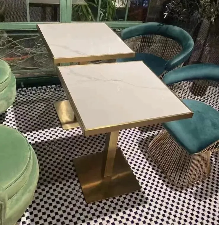 New Product Luxury Marble Restaurant Table Cafe Gold Stainless Steel Metal Base Round Bistro Marble Top White - Image 2