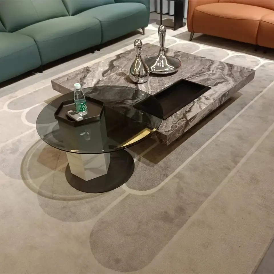 Italian Luxury Unique Stainless Steel Base Tempering Glass Top Wooden Square Coffee Table Set of 2 Modern Design - Image 6