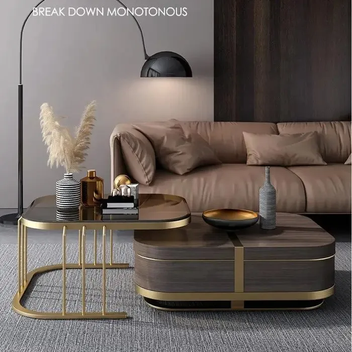 Italian Luxury Unique Stainless Steel Base Tempering Glass Top Wooden Square Coffee Table Set of 2 Modern Design - Image 4