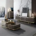 Italian Luxury Unique Stainless Steel Base Tempering Glass Top Wooden Square Coffee Table Set of 2 Modern Design - Image 3