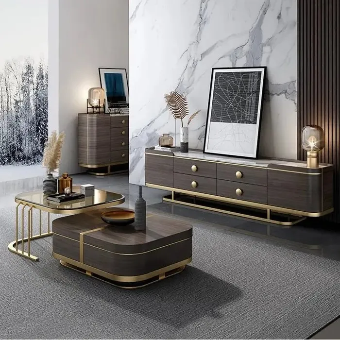 Italian Luxury Unique Stainless Steel Base Tempering Glass Top Wooden Square Coffee Table Set of 2 Modern Design - Image 3