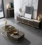 Italian Luxury Unique Stainless Steel Base Tempering Glass Top Wooden Square Coffee Table Set of 2 Modern Design - Image 5