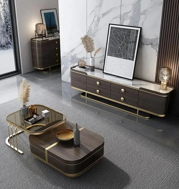 Italian Luxury Unique Stainless Steel Base Tempering Glass Top Wooden Square Coffee Table Set of 2 Modern Design - Image 5