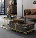 Italian Luxury Unique Stainless Steel Base Tempering Glass Top Wooden Square Coffee Table Set of 2 Modern Design