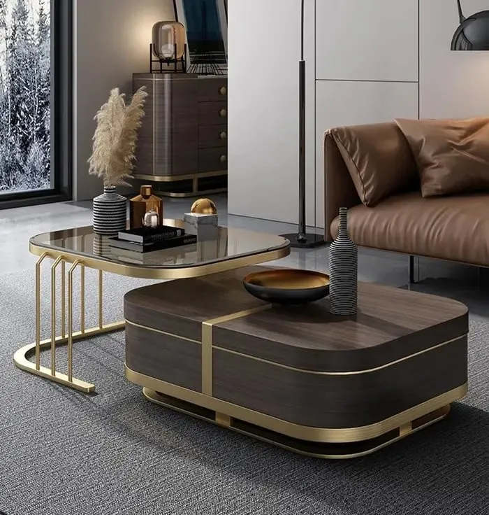 1000127896.jpg Italian Luxury Unique Stainless Steel Base Tempering Glass Top Wooden Square Coffee Table Set of 2 Modern Design - Image 1