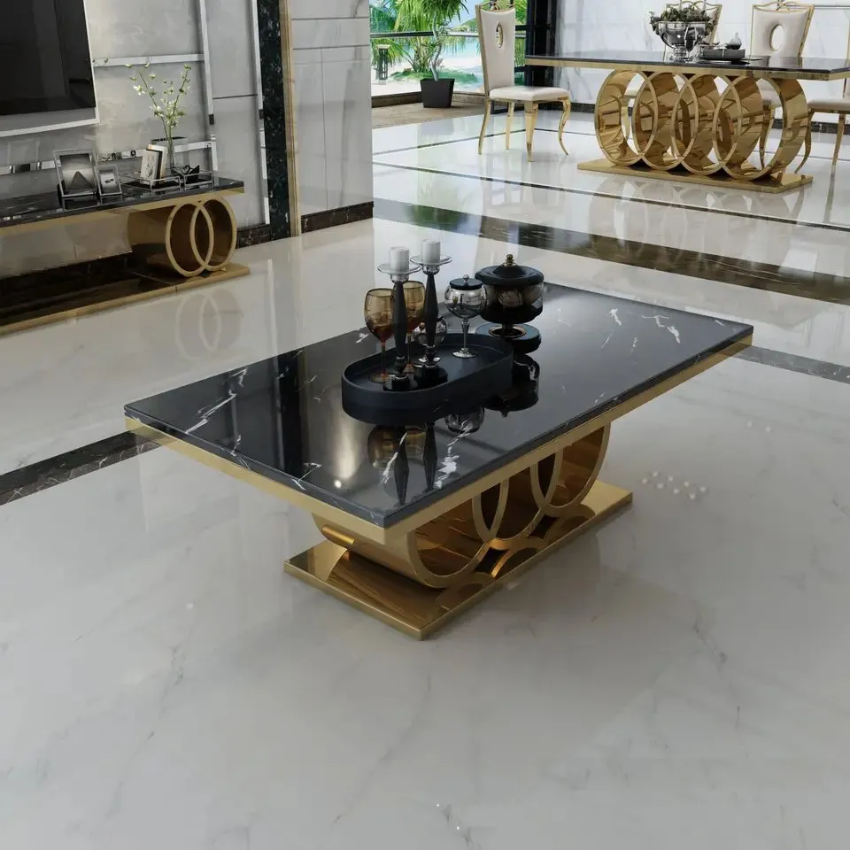 Dynasty Coffee Table Glamourous Living Room Stainless Steel Base Faux Marble top Coffee Table - Image 6