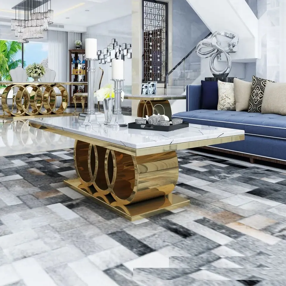 Dynasty Coffee Table Glamourous Living Room Stainless Steel Base Faux Marble top Coffee Table - Image 2