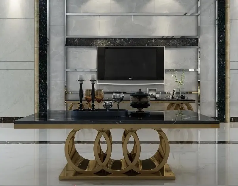 Dynasty Coffee Table Glamourous Living Room Stainless Steel Base Faux Marble top Coffee Table - Image 1