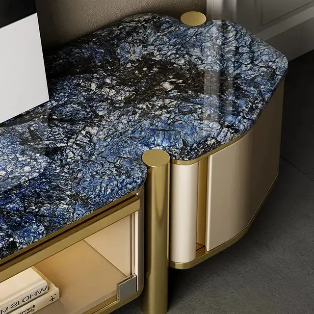 Sonet TV Cabinet Stainless Steel Golden Leg + Faux Marble Top - Image 7