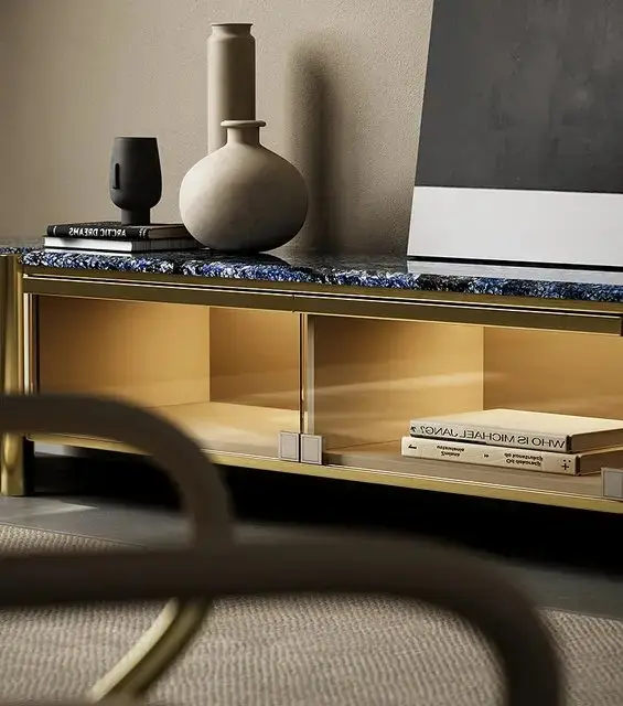 Sonet TV Cabinet Stainless Steel Golden Leg + Faux Marble Top - Image 5