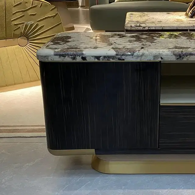 Eternity TV Cabinet Stainless Steel Golden Leg + Faux Marble Top - Image 6