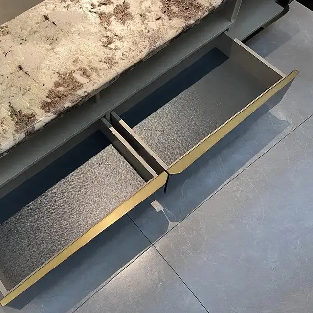 Eternity TV Cabinet Stainless Steel Golden Leg + Faux Marble Top - Image 3