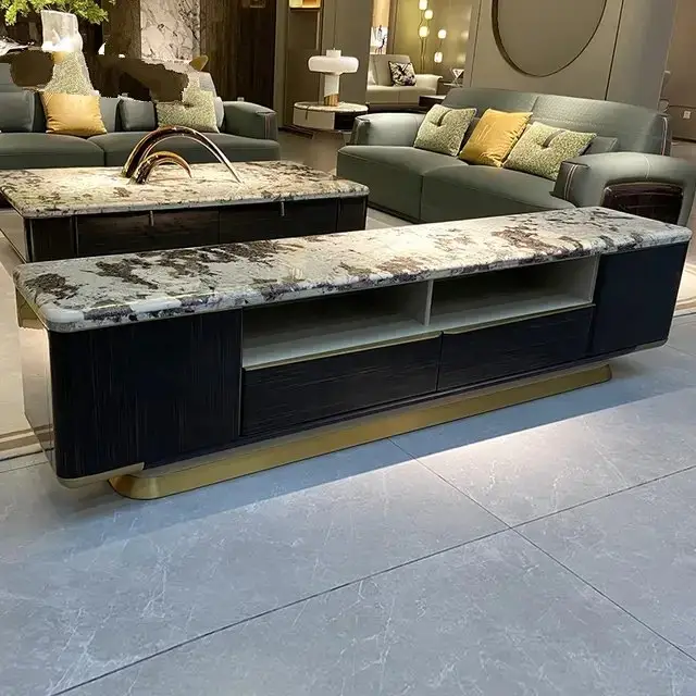 Eternity TV Cabinet Stainless Steel Golden Leg + Faux Marble Top - Image 2