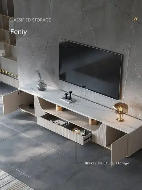 Alder Gris TV Cabinet Stainless Steel Golden Leg + Faux Marble Top - Image 6