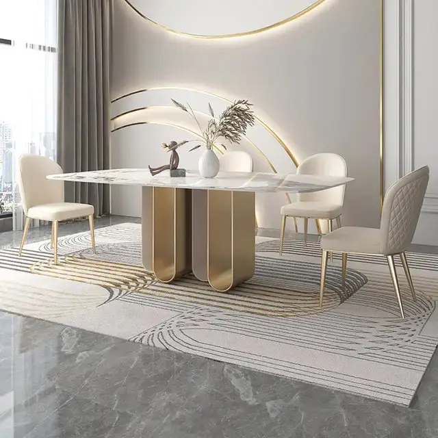 Chelsea Dining Table Stainless Steel Golden Leg + Natural Marble Top Table - Image 1