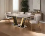 Ray Dining Table Stainless Steel Golden Leg + Natural Marble Top Table with 6 chairs set