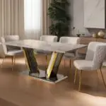 Ray Dining Table Stainless Steel Golden Leg + Natural Marble Top Table with 6 chairs set