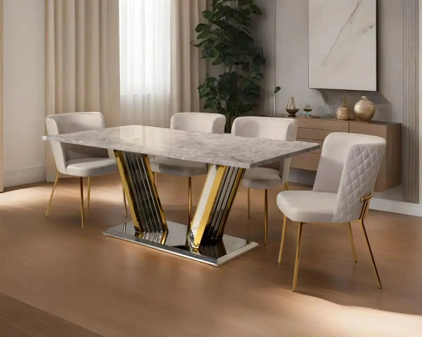 Ray Dining Table Stainless Steel Golden Leg + Natural Marble Top Table with 6 chairs set - Image 1
