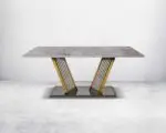 Ray Dining Table Stainless Steel Golden Leg + Natural Marble Top Table with 6 chairs set - Image 2