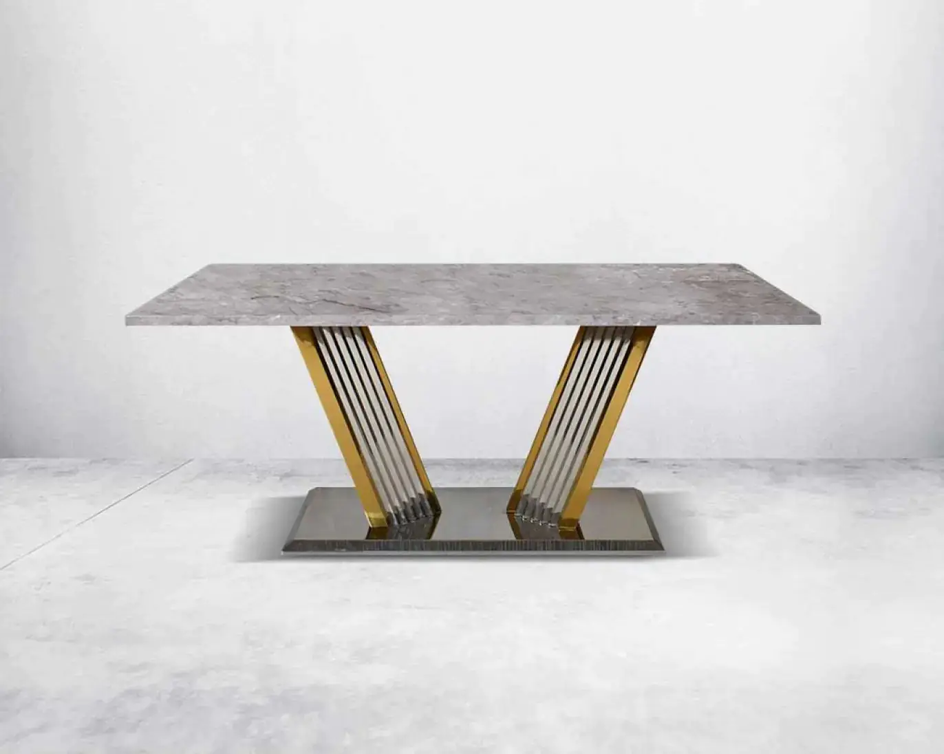 Ray Dining Table Stainless Steel Golden Leg + Natural Marble Top Table with 6 chairs set - Image 2