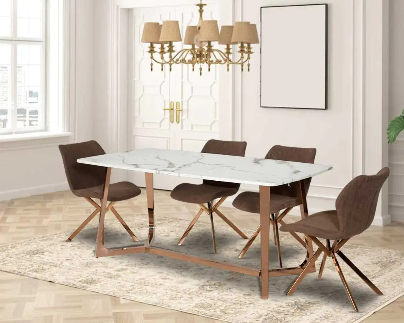 Tiffany Dining Table and 6 chairs Set Stainless Steel and Golden Leg + Natural Marble Top Table - Image 2