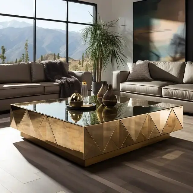 Hexa Coffee Table with Wooden Base With Golden Veneere Top - Image 4