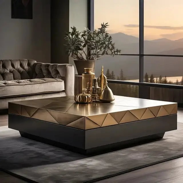 Hexa Coffee Table with Wooden Base With Golden Veneere Top - Image 3