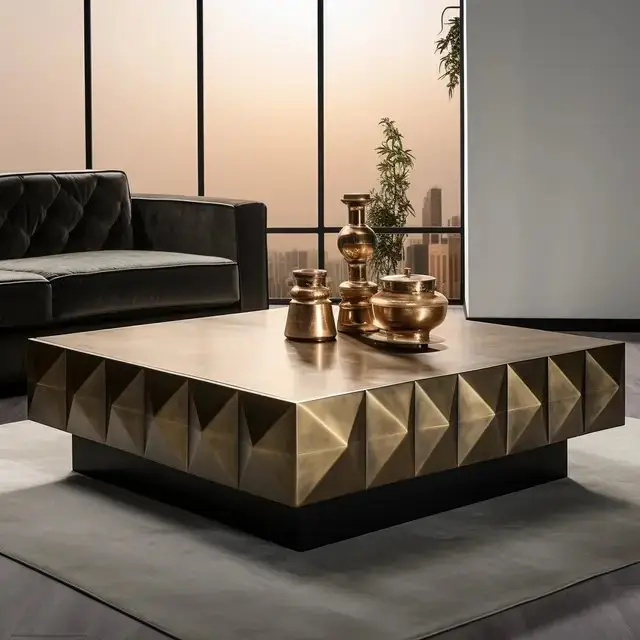 Hexa Coffee Table with Wooden Base With Golden Veneere Top - Image 2