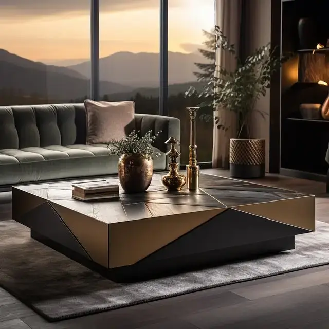Hexa Coffee Table with Wooden Base With Golden Veneere Top - Image 5
