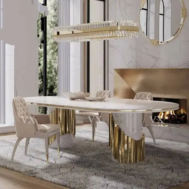 MaxiMagnificent Dining Table Stainless Steel and Golden Leg + Natural Marble Top Table - Image 3