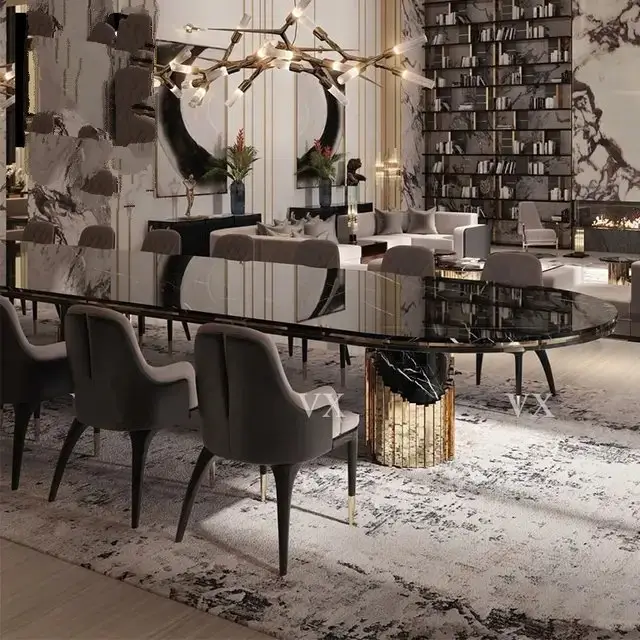 MaxiMagnificent Dining Table Stainless Steel and Golden Leg + Natural Marble Top Table - Image 4