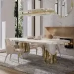 MaxiMagnificent Dining Table Stainless Steel and Golden Leg + Natural Marble Top Table