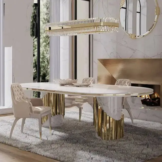 MaxiMagnificent Dining Table Stainless Steel and Golden Leg + Natural Marble Top Table - Image 1
