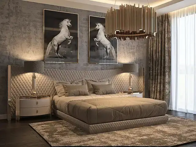 Chorus Premium Velvet Upholstered Bed and pair of bedside tables for villa - Image 7