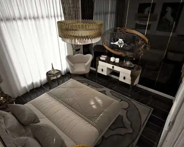 Chorus Premium Velvet Upholstered Bed and pair of bedside tables for villa - Image 9