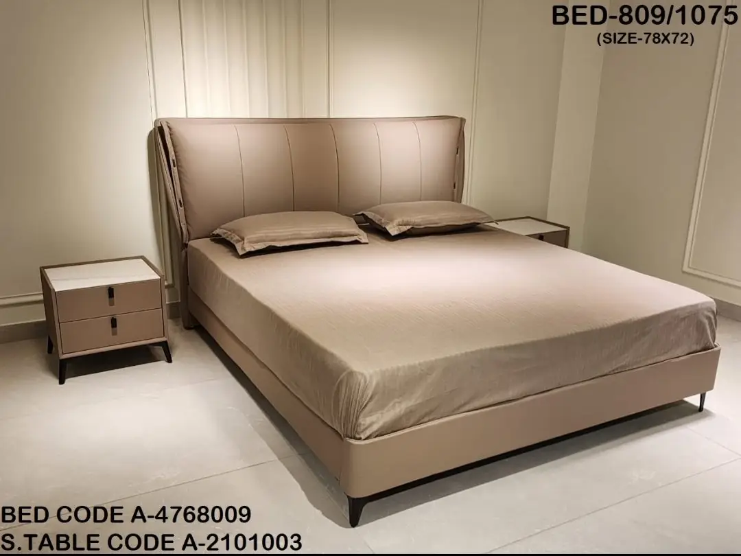 Impression Beige Contemporary Minimalist style Velvet Upholstered King Size Bed with bedside tables - Image 1