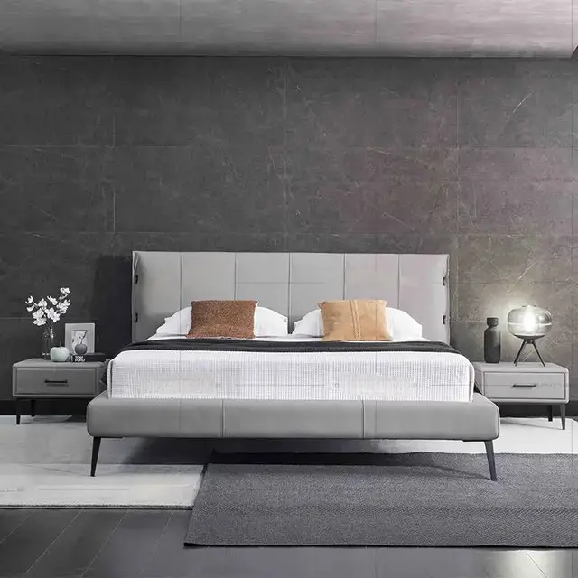 Impression Beige Contemporary Minimalist style Velvet Upholstered King Size Bed with bedside tables - Image 3