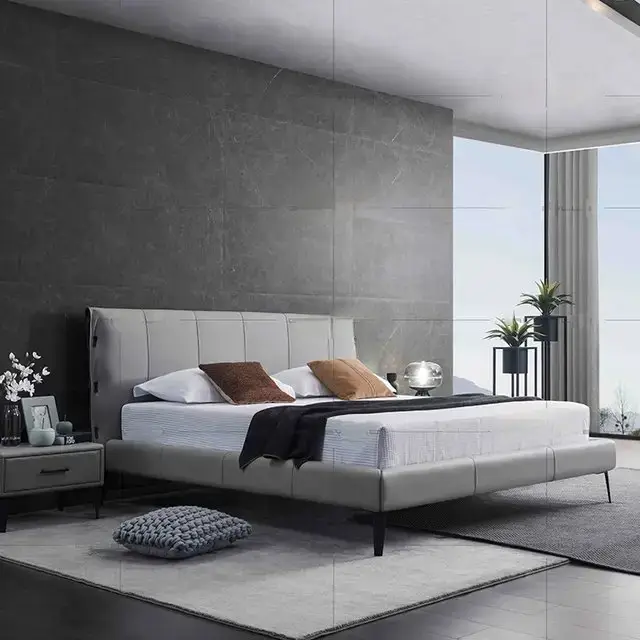 Impression Beige Contemporary Minimalist style Velvet Upholstered King Size Bed with bedside tables - Image 2