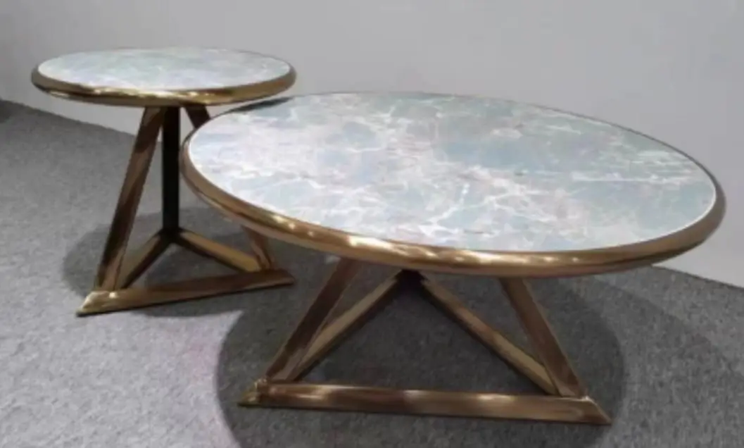 2025/05/1000034369-1.jpg Pair of 2 Coffee Table Stainless Steel Golden Leg +Faux Marble Table Top - Image 1