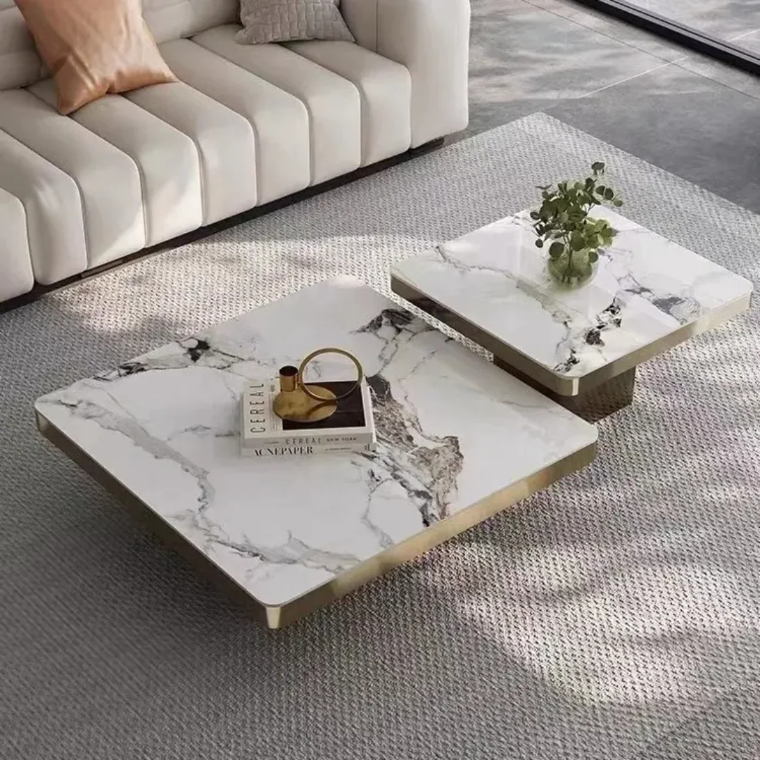 Square Nested Coffee Table - Stainless Steel Gold Base With White Marble Top Crosby Luxe Marble Center Table Set - Image 6